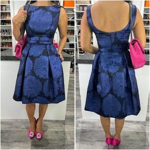 Theia Blue Belted Brocade Dress $595